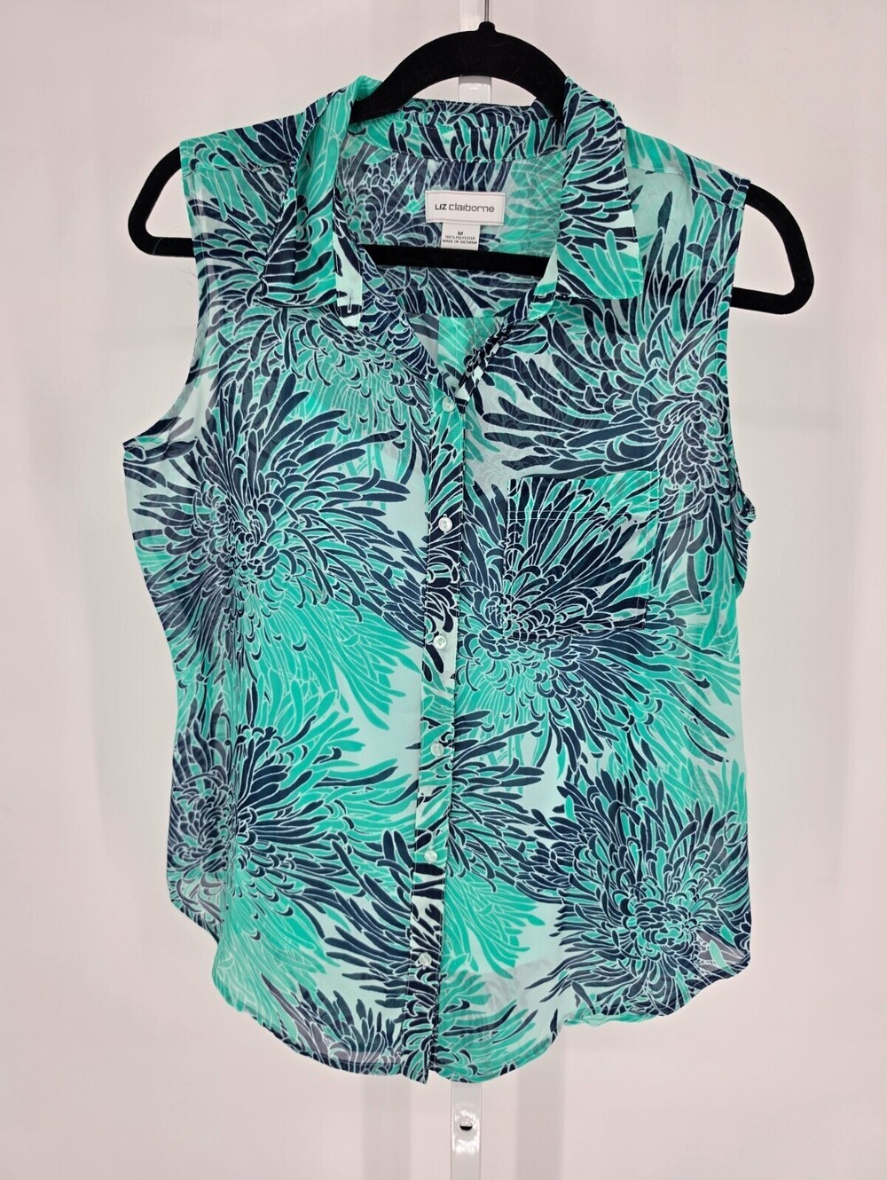 Liz Claiborne Womens Sz M Sleeveless Collared Button Up Blouse Teal Blue
